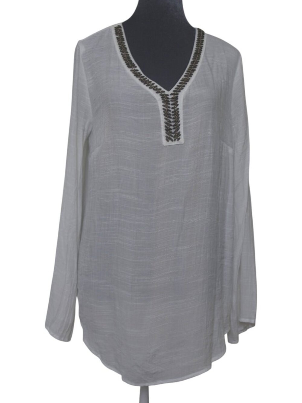 B-Design White Beaded Tunic Top L Boho Semi Sheer Long Sleeve Coastal Beaded EUC